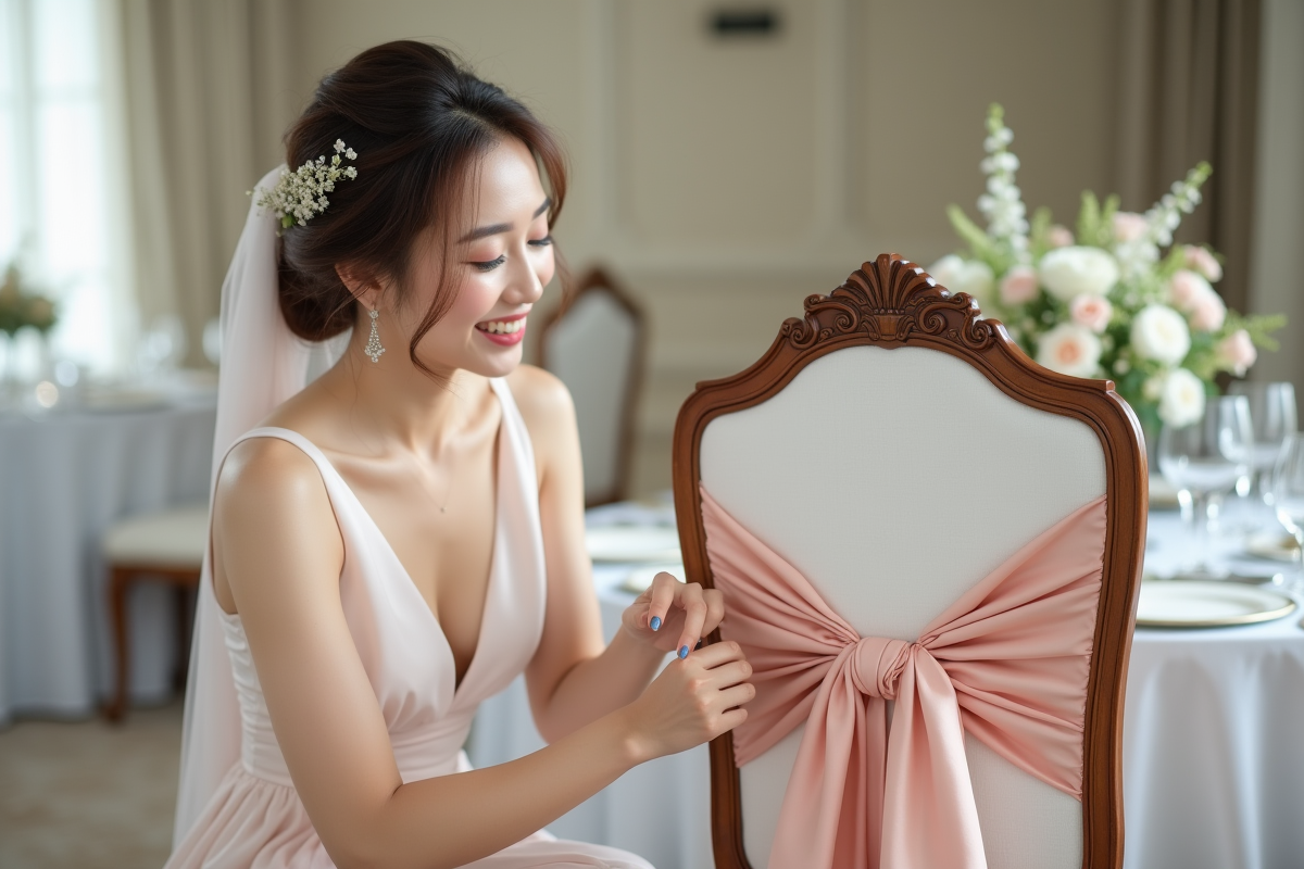Jeune femme en robe pastel faisant un nœud satin sur une chaise de mariage
