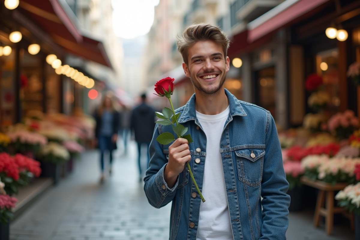Jeune homme avec une rose dans un marché urbain en plein air