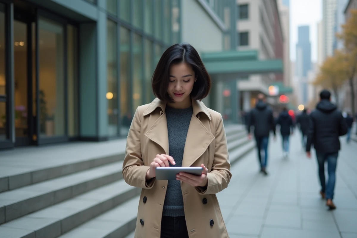 Jeune journaliste dehors devant un bâtiment moderne