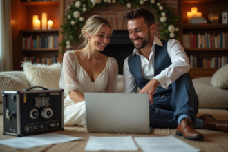 Jeune mariée et marié choisissant musique pour mariage