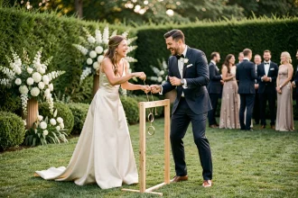 Couple de mariés jouant à un jeu de lancer d'anneaux en bois lors d'une réception de mariage chic en plein air