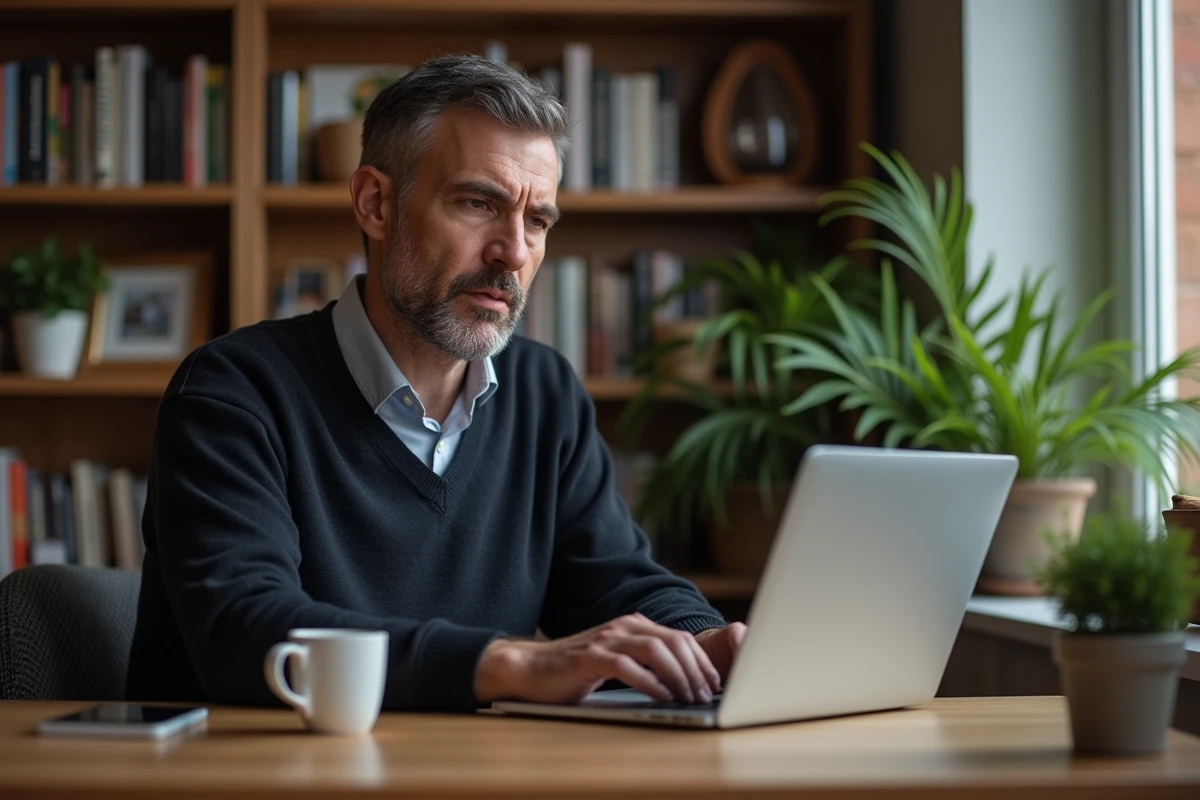 Journaliste assis à son bureau avec un ordinateur portable