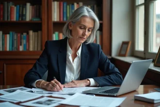 Journaliste professionnelle assise à son bureau dans une rédaction parisienne, consultant des documents liés à des rumeurs de mariage