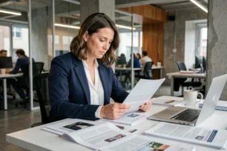 Journaliste professionnelle dans une rédaction moderne, assise à son bureau avec des documents et un ordinateur portable, dans une atmosphère de travail éditorial