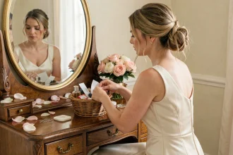 Mariée organisant son kit de survie dans un panier en osier sur une coiffeuse vintage le jour de son mariage