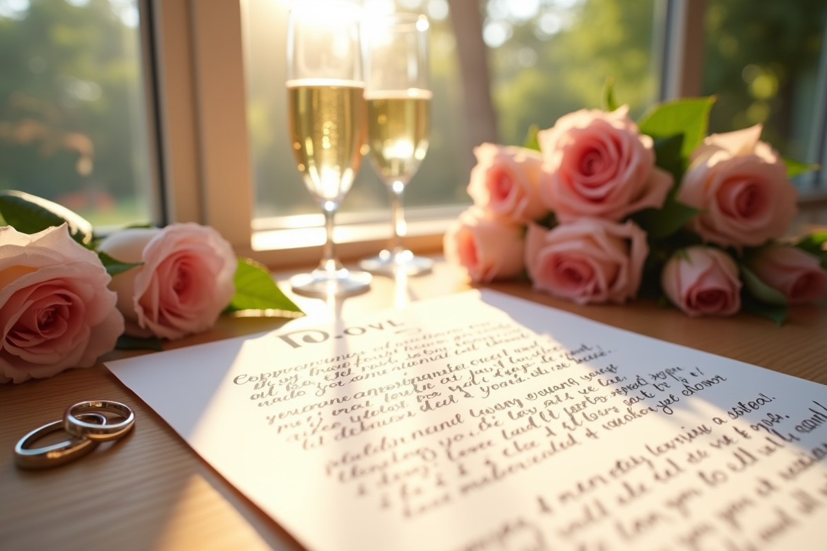 Lettre d engagement avec verres de champagne et roses sur une table en bois
