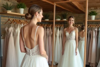 Mariée essayant une robe de mariée de location dans une boutique éco-responsable à Strasbourg