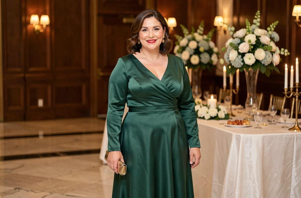 Femme ronde et élégante portant une longue robe de soirée verte en satin à taille empire, parfaite pour une invitée de mariage en salle de réception luxueuse