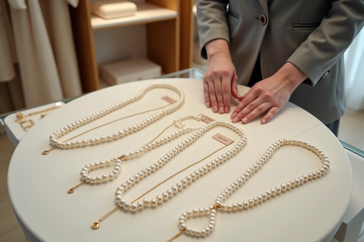 Styliste arrangeant plusieurs colliers de perles de différentes longueurs sur un fond velours ivoire dans une boutique de mariée