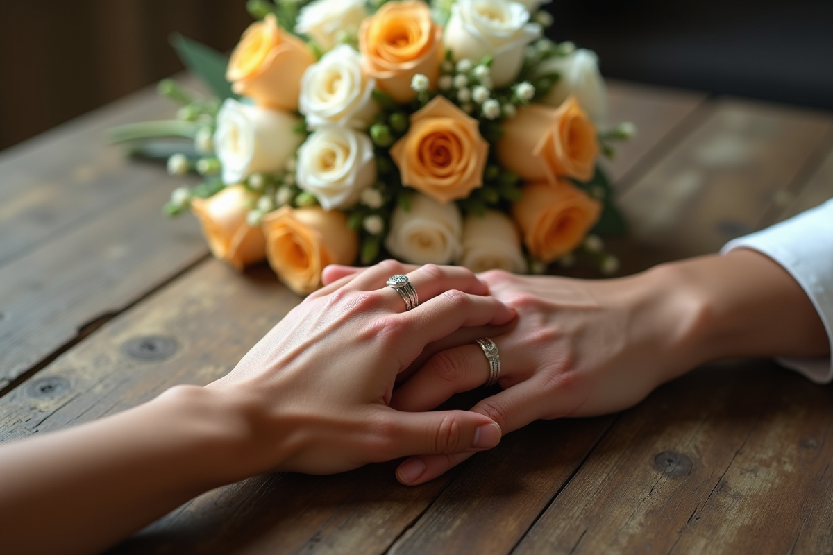 Mains entrelacees avec alliance sur bouquet de roses