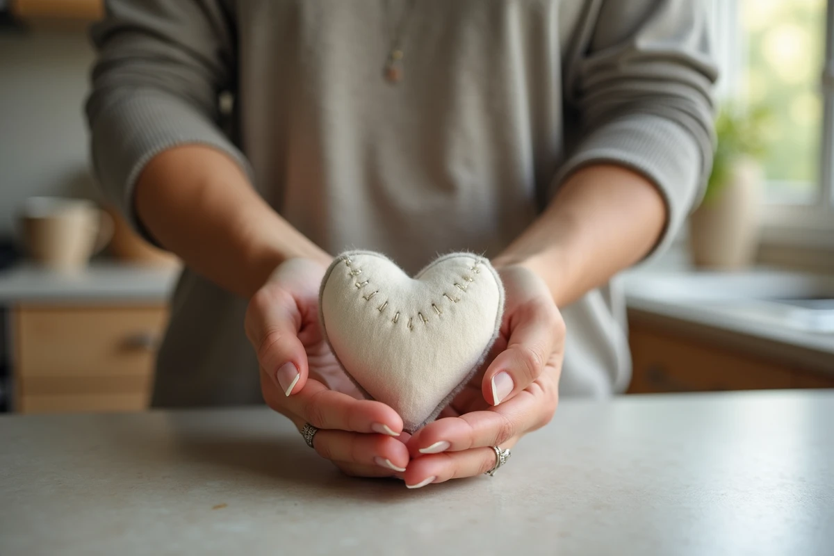 Mains tenant un coeur en coton dans une cuisine lumineuse