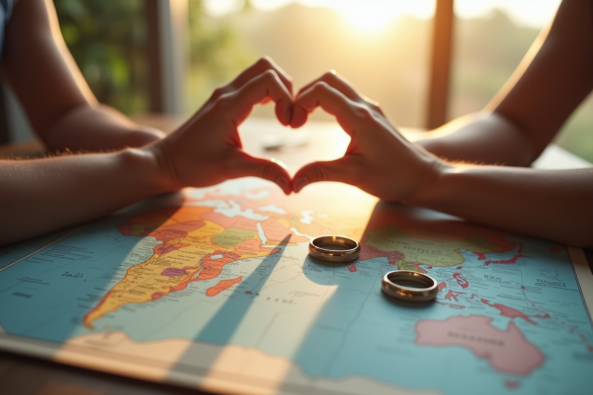 Mains formant un coeur sur une carte du monde avec alliances