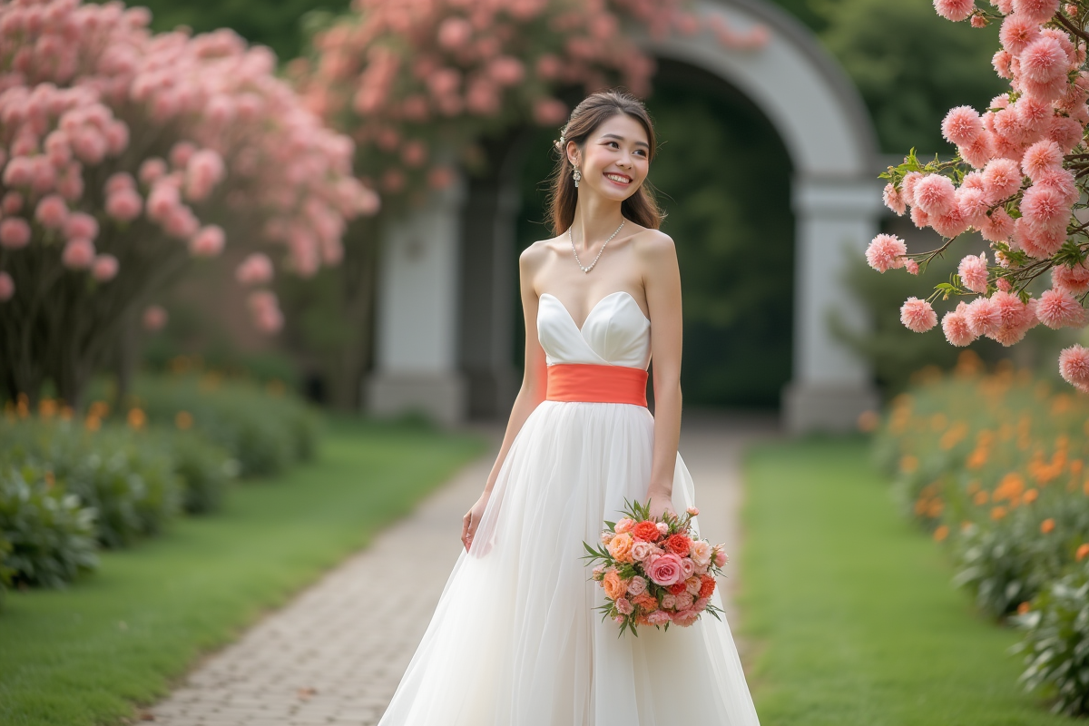 Mariée souriante en robe moderne dans un jardin fleuri
