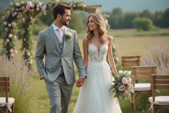 Jeune mariée et marié dans un champ en fleurs pour un mariage rustique