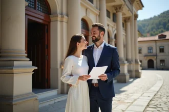 Couple tenant des documents officiels devant une mairie albanaise lors d'un mariage civil en Albanie