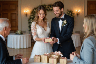 Jeune couple de mariés offrant des cadeaux lors de la réception