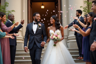 Couple interracial en mariage dans une mairie ensoleillee