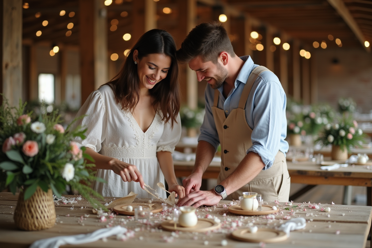 Jeune couple préparant un mariage diy dans une grange ensoleillée