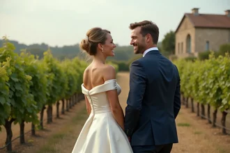 Couple de mariés devant les vignes d'un domaine viticole en Gironde, robe de mariée ivoire et costume marine, paysage de vignoble bordelais en arrière-plan