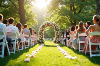 Cérémonie de mariage en plein air dans un jardin fleuri avec chaises blanches et arche de fleurs