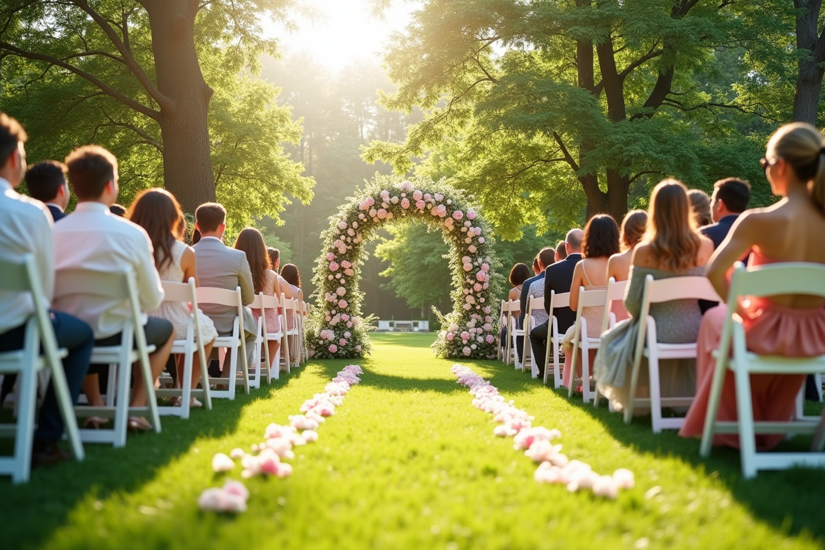 Cérémonie de mariage en plein air dans un jardin fleuri avec chaises blanches et arche de fleurs