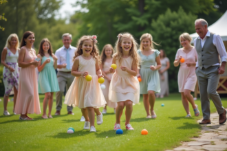 Groupe d'invites jouant un jeu en plein air lors d'un mariage