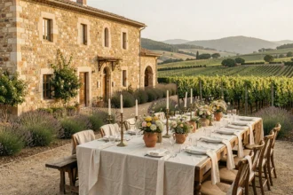Réception de mariage de luxe en plein air dans une bastide provençale du Var entourée de vignes et de lavande