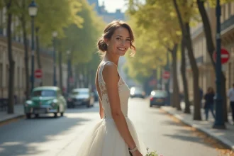 Jeune femme en robe de mariée blanche devant la mairie de Paris