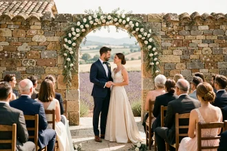 Mariage élégant en Provence dans un village du Luberon, couple en tenue de cérémonie sous une arche en pierre fleurie avec invités et paysage provençal en arrière-plan