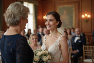 Jeune mariée souriante recevant des fleurs d'une invitée