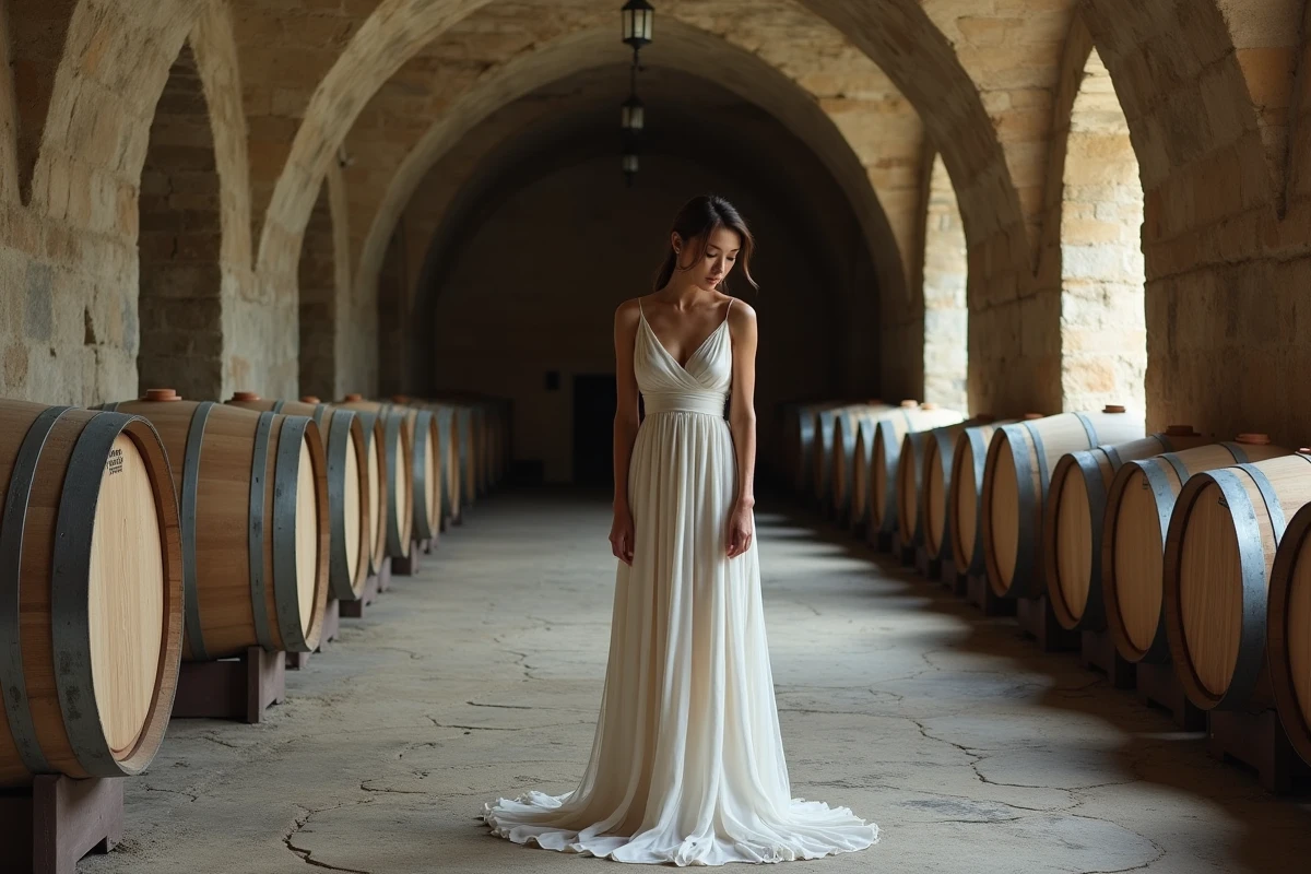 Mariée en robe de crêpe ivoire dans le chai voûté en pierre d'un domaine viticole de Gironde, fûts de chêne et murs en calcaire en arrière-plan