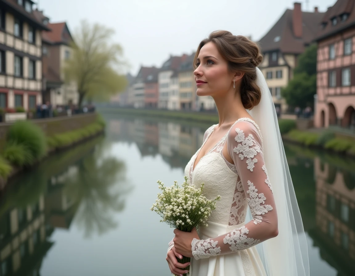Mariée en robe louée devant les maisons à colombages de la Petite France à Strasbourg