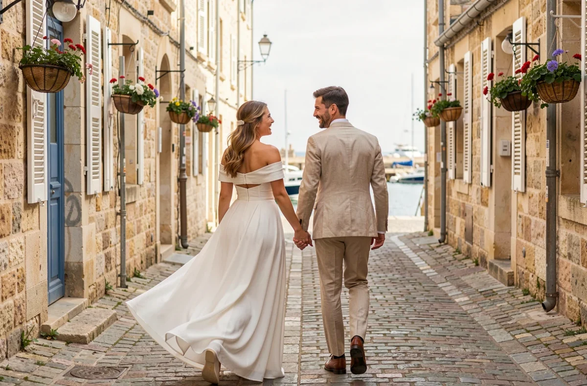 Mariés se promenant dans les ruelles pavées du vieux port de La Rochelle lors d'une séance photo de mariage