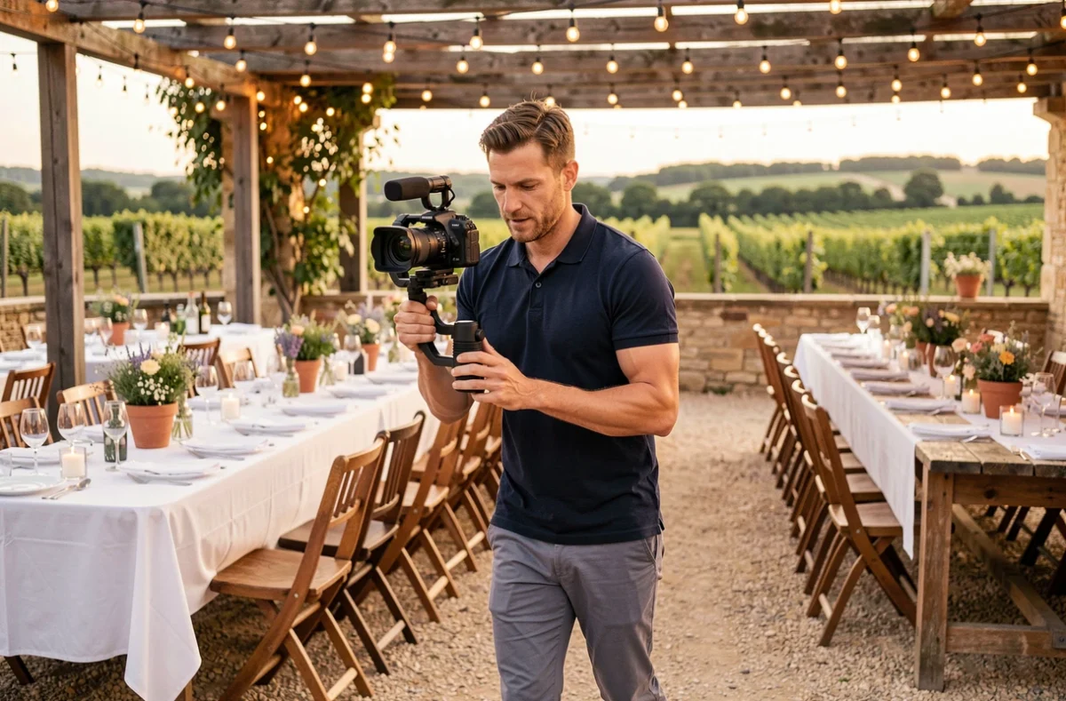 Vidéaste MBO Video en action lors d'une réception de mariage dans un domaine viticole en Hérault