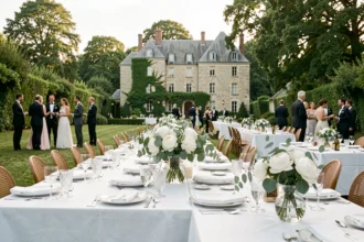 Vue panoramique d'une réception de mariage élégante en plein air dans les Hauts-de-France avec tables dressées et décoration florale