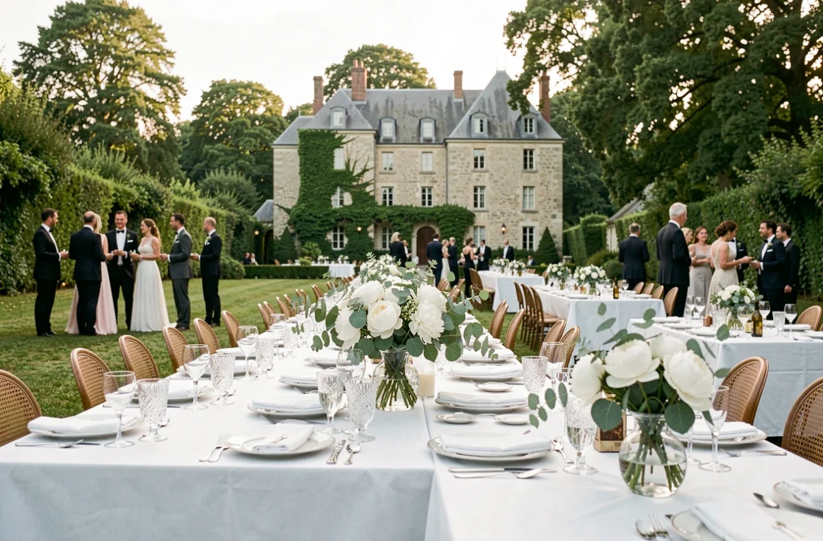 Vue panoramique d'une réception de mariage élégante en plein air dans les Hauts-de-France avec tables dressées et décoration florale