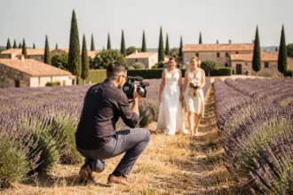 Vidéaste de mariage filmant des mariés dans un champ de lavande en Occitanie, ambiance estivale et naturelle