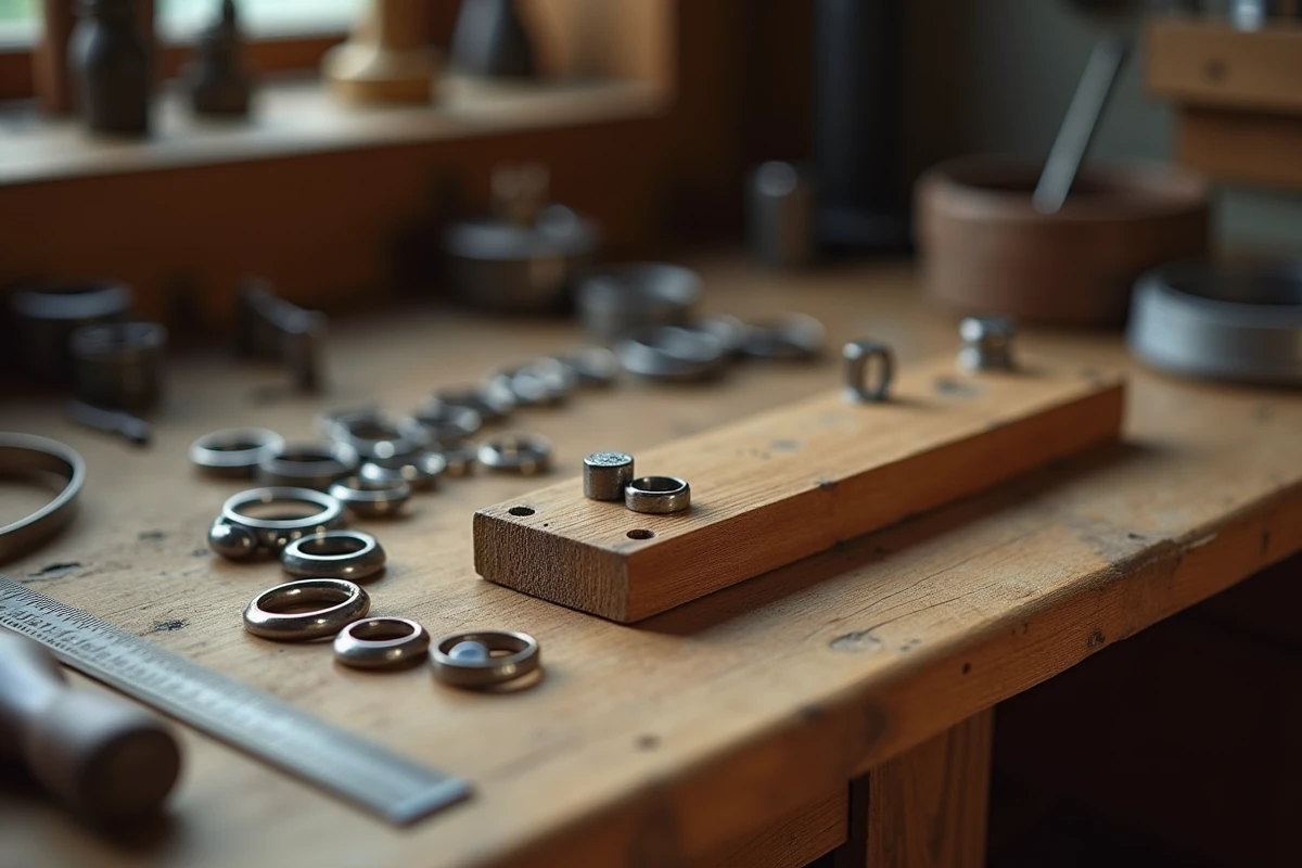 Outil de mesure pour bagues en bois et anneaux métalliques de différentes tailles sur une table en chêne dans un atelier de bijouterie