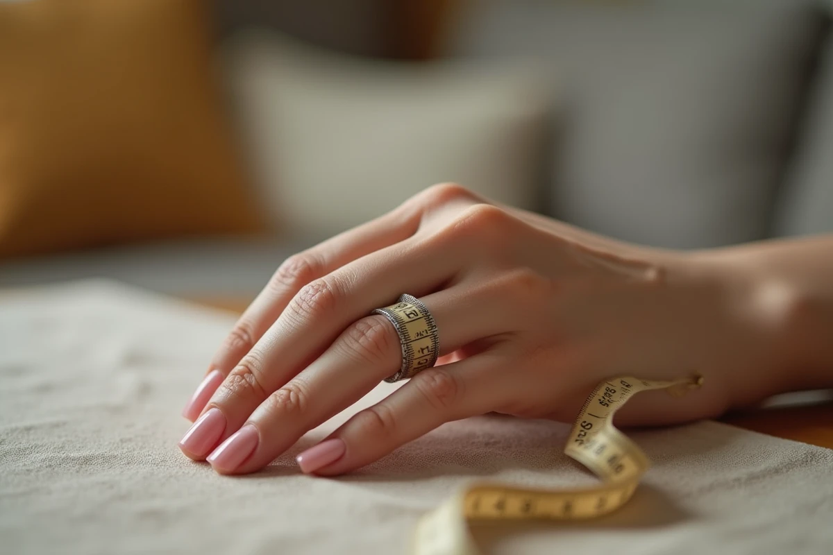 Mesurer discrètement le tour de doigt avec un mètre ruban pour choisir la taille d'une bague de fiançailles