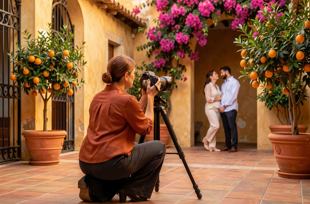 Vidéaste Montse Prats filmant un couple dans une cour méditerranéenne à Perpignan lors d'un mariage