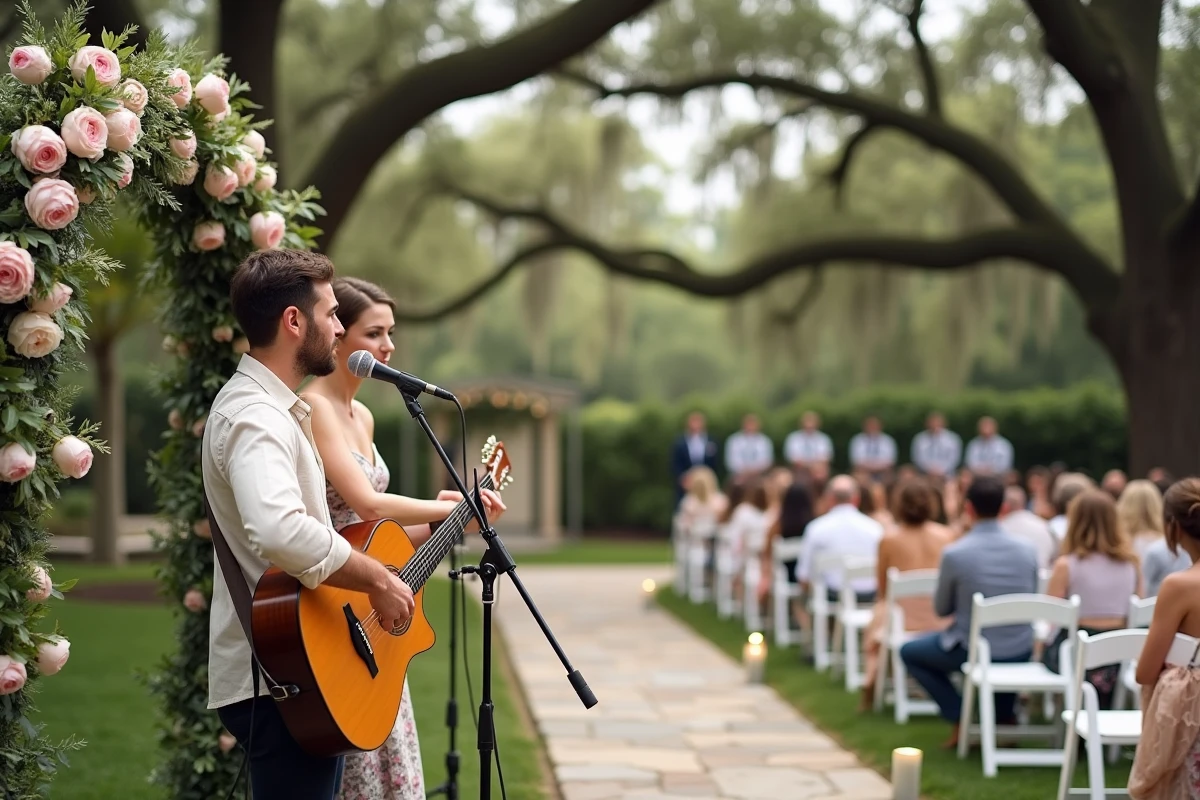 Duo de musiciens acoustiques jouant lors d'une cérémonie de mariage en plein air