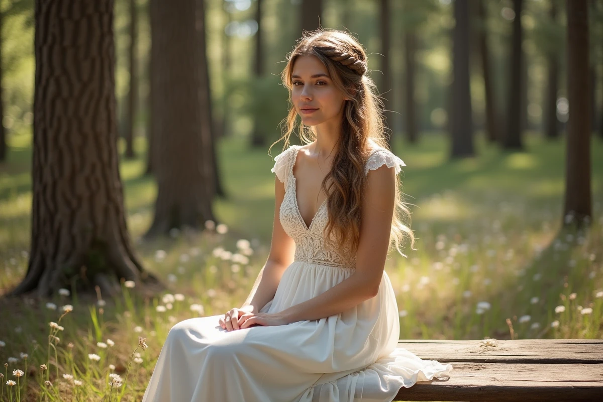 Mariée en robe bohème blanche assise dans une clairière forestière avec une natte couronne floue et de longues mèches wavy sur l'épaule