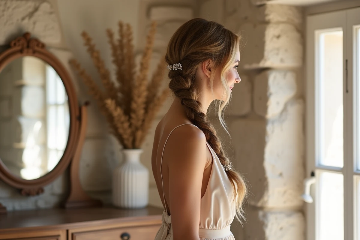 Femme en robe champagne avec une natte épi romantique et mèches wavy vues de dos dans une suite nuptiale aux murs en pierre