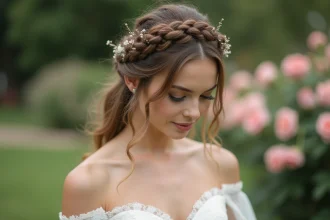 Femme en robe de mariée ivoire avec une natte floue romantique ornée de fleurs séchées et des mèches wavy encadrant le visage, dans un jardin fleuri