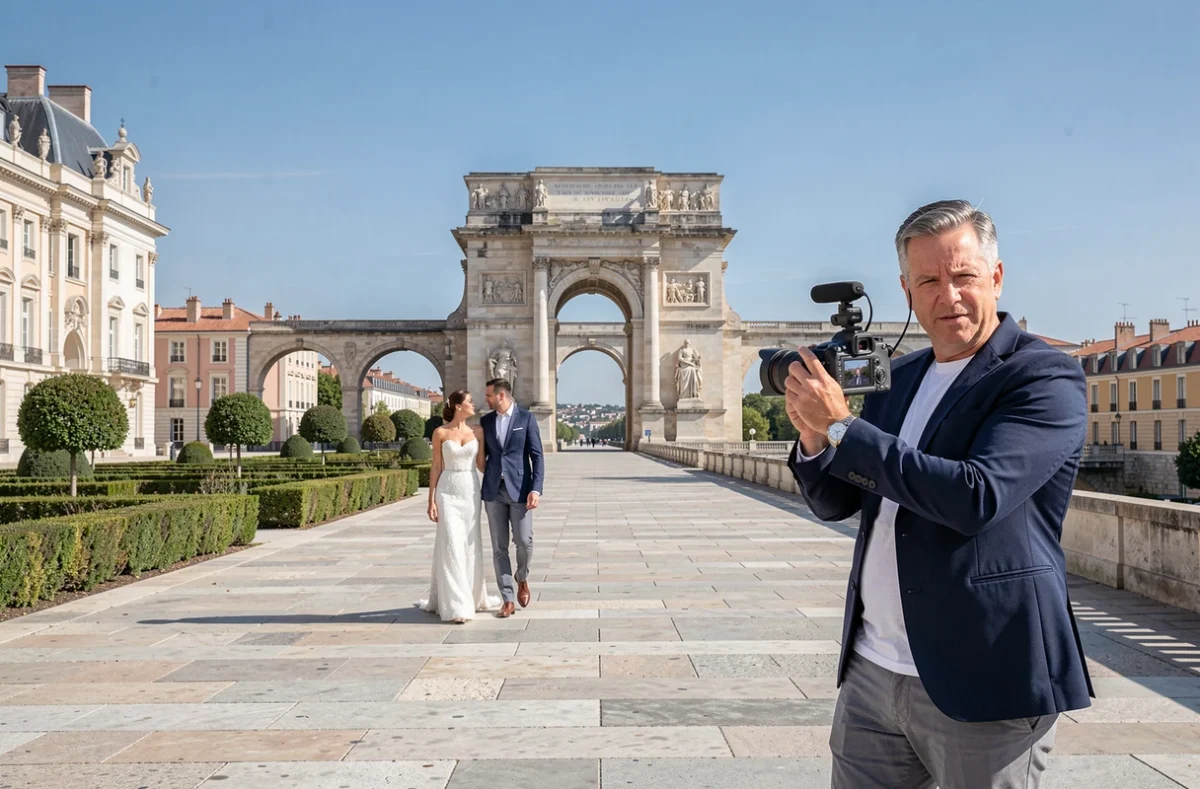 Vidéaste Objectif Vidéo Montpellier filmant des mariés sur la Promenade du Peyrou à Montpellier