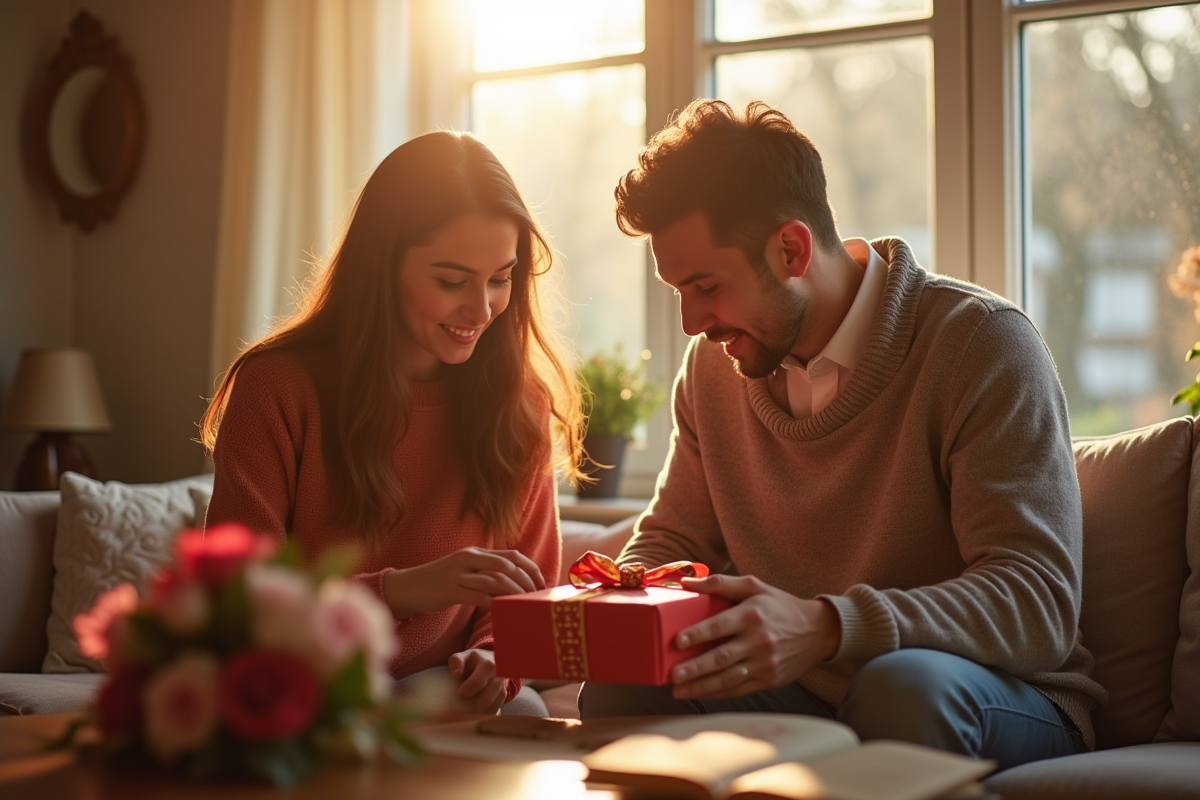 Couple ouvrant un cadeau dans un salon lumineux