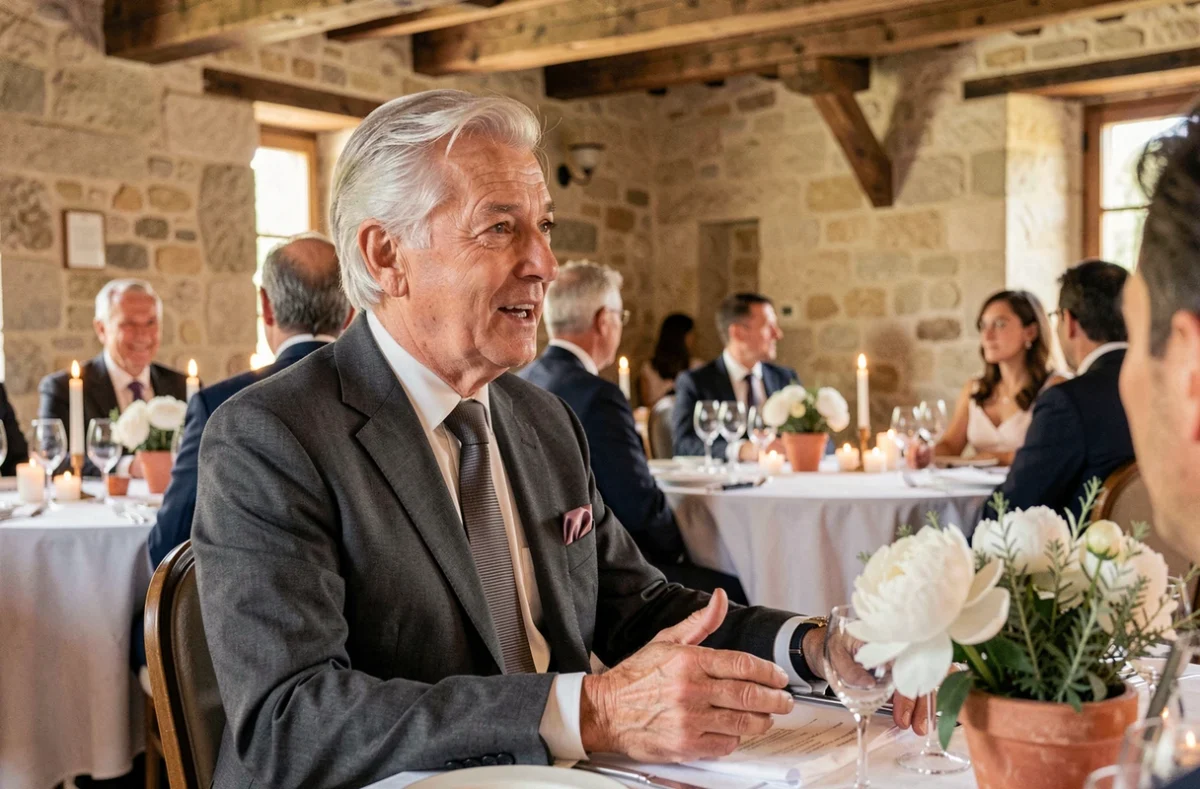Homme politique distingué aux cheveux argentés en costume gris anthracite assis à une table de réception de mariage dans un mas provençal restauré