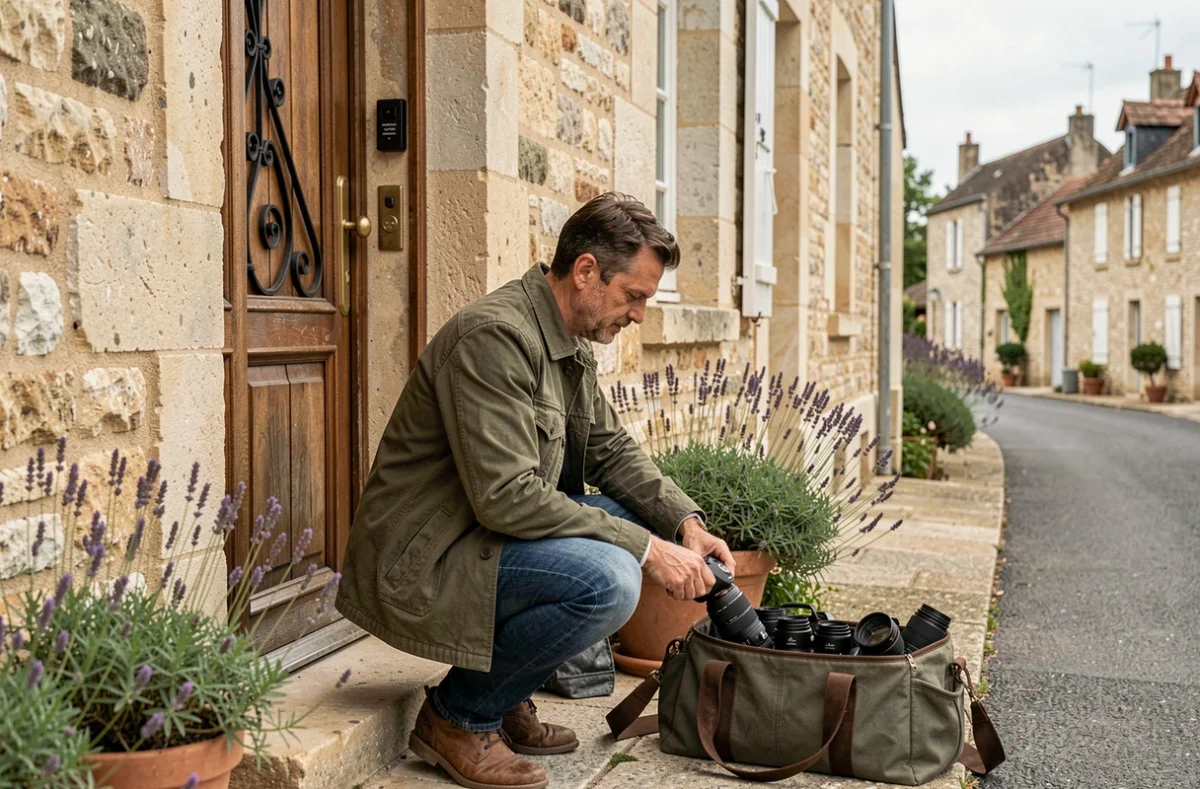 Photographe professionnel se préparant à domicile devant une maison en pierre typique de la région de Montrond-les-Bains