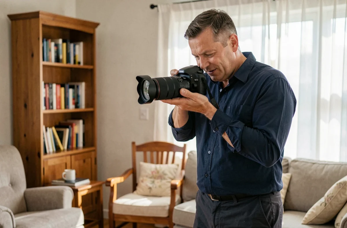 Photographe professionnel réglant son appareil photo lors d'une séance à domicile à Montrond-les-Bains