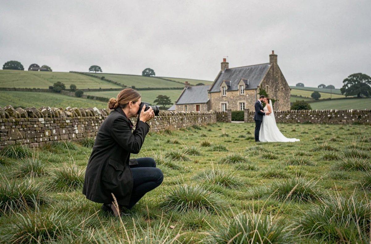 Photographe de mariage en action dans la campagne normande près de Saint-Lô avec couple en arrière-plan et ferme en pierre